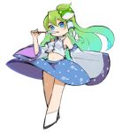  blue_eyes commentary detached_sleeves frog_hair_ornament gohei green_hair hair_ornament kochiya_sanae long_hair looking_at_viewer mota navel simple_background snake_hair_ornament solo stomach symbol_commentary touhou white_background wide_sleeves 
