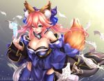  ;p animal_ear_fluff animal_ears blue_ribbon breasts cleavage commentary_request copyright_name fang fate/grand_order fate_(series) fox_ears fox_tail hair_ribbon highres japanese_clothes large_breasts ofuda one_eye_closed pink_hair ribbon solo tail tamamo_(fate)_(all) tamamo_no_mae_(fate) tdnd-96 teeth thighhighs tongue tongue_out yellow_eyes 