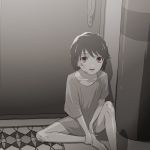  alternate_costume bruise bruise_on_face carpet collarbone door doorknob greyscale indoors injury kantai_collection looking_at_viewer miyuki_(kantai_collection) monochrome open_mouth red_eyes short_hair signature sitting solo spot_color zabuton_dorobou 