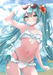  1girl ahoge alternate_costume aqua_eyes aqua_hair aqua_nails arm_up armpits bikini blush bracelet breasts cleavage collarbone eyewear_on_head flower frilled_bikini_top hair_between_eyes hair_flower hair_ornament hatsune_miku highres jewelry long_hair navel rota_kokko smile stomach swimsuit teeth twintails very_long_hair vocaloid white_bikini 