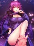  bare_legs barefoot black_panties breasts cleavage cowboy_shot dress fate/grand_order fate_(series) hand_on_hip highres holding holding_wand large_breasts light_particles long_hair looking_at_viewer panties purple purple_background purple_dress purple_hair red_eyes scathach_(fate)_(all) scathach_skadi_(fate/grand_order) silly_(marinkomoe) solo sparkle toes tongue underwear upskirt wand 