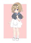 1girl absurdres aged_down black_hairband black_jacket black_neckerchief blonde_hair blue_eyes blue_sailor_collar commentary_request cosplay dress full_body hairband highres jacket jervis_(kancolle) jervis_(kancolle)_(cosplay) kantai_collection long_hair low_ponytail neckerchief pink_background ponytail sailor_collar sailor_dress sakurai_nana_(moshichi) shoes short_sleeves socks solo standing valiant_(kancolle) white_dress white_dresss white_shoes white_socks 