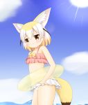  adapted_costume animal_ear_fluff animal_ears bare_arms bare_shoulders blonde_hair blue_sky blush bow brown_eyes cloud cowboy_shot day extra_ears eyebrows_visible_through_hair fennec_(kemono_friends) fox_ears fox_girl fox_tail highres holding holding_innertube innertube kemono_friends looking_at_viewer multicolored_hair navel ocean outdoors pink_bikini_top shin01571 sky smile solo standing sun sunlight swimsuit tail transparent two-tone_hair white_bikini_bottom white_hair white_swimsuit yellow_bow yellow_innertube 