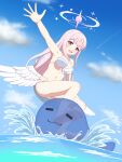  1girl angel_wings arm_up armpits bikini blue_archive breasts csr201 feathered_wings frilled_bikini frilled_bikini_bottom frilled_bikini_top frills halo highres long_hair low_wings medium_breasts mika_(blue_archive) mika_(swimsuit)_(blue_archive) navel official_alternate_costume official_alternate_hairstyle open_mouth pink_hair pink_halo smile stomach swimsuit white_wings wings yellow_eyes 