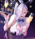  1girl absurdres alcohol animal_ears bare_shoulders black_leotard blue_lips blush bow bowtie breasts brown_pantyhose champagne champagne_flute cleavage cleavage_cutout clothing_cutout collared_leotard cup drinking_glass eyeliner fake_animal_ears fate/grand_order fate_(series) hair_over_one_eye highres hiyayaako large_breasts leotard long_hair looking_at_viewer makeup mrs._snake_(fate) multicolored_leotard open_mouth pantyhose playboy_bunny ponytail rabbit_ears smile solo tray two-tone_leotard waitress white_hair white_leotard wine wrist_cuffs yellow_eyes 