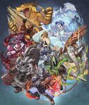  3girls 5boys animal_head armor ascot aura axe beak beard bird_boy black_dress black_hat black_scarf blonde_hair blue_eyes blue_hair blue_jacket blue_surcoat boots bow_(weapon) braid brown_boots brown_gloves chibi closed_mouth covered_face crossbow dark-skinned_female dark_skin doll_joints dress duchess_(elden_ring) elden_ring elden_ring_nightreign everyone executor_(elden_ring) eye_mask facial_hair fake_horns feathered_wings fighting_stance flower_wreath full_body gloves green_hood green_jacket green_scarf grey_hair grin guardian_(elden_ring) gunjima_souichirou hat head_wreath helmet highres holding holding_axe holding_bow_(weapon) holding_polearm holding_sword holding_weapon horned_helmet horns ironeye_(elden_ring) jacket joints low_twin_braids monster multiple_boys multiple_girls open_mouth over_shoulder pauldrons polearm profile raider_(elden_ring) recluse_(elden_ring) revenant_(elden_ring) scarf shoulder_armor skeleton smile sword teeth twin_braids veil weapon weapon_over_shoulder white_dress white_hair wide_sleeves winged_helmet wings witch_hat wylder_(elden_ring) yellow_eyes 