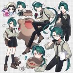  2girls ? aged_down anger_vein bag black_gloves black_necktie black_shorts bright_pupils brown_bag brown_shoes buttons clodsire closed_mouth commentary_request earrings gloves green_hair grid_background hand_in_pocket handbag heart highres holding holding_poke_ball holding_pokemon jewelry kneehighs long_hair multiple_girls multiple_views necktie notice_lines orange_eyes paldean_wooper poke_ball poke_ball_(basic) pokemon pokemon_(creature) pokemon_sv poppy_(pokemon) reverse_trap rika_(pokemon) shirt shoes shorts socks sparkle spoken_question_mark spoken_squiggle squiggle suspenders tinkaton undershirt very_long_hair waka_(wk4444) white_pupils 