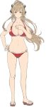  ahoge amagi_brilliant_park ass_visible_through_thighs bangs bare_arms bare_legs bare_shoulders bikini breasts brown_eyes brown_footwear full_body hair_ribbon hand_on_hip hand_on_own_chest iwauchi_tomoki large_breasts light_blush light_brown_hair long_hair looking_at_viewer o-ring o-ring_bikini parted_lips red_bikini ribbon sandals sento_isuzu solo standing swimsuit wristband 