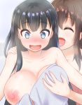  2girls :d areolae bangs battlegaregga black_hair blue_eyes blush breast_grab breasts brown_hair character_request eyebrows_visible_through_hair eyes_closed grabbing grabbing_from_behind hand_on_another&#039;s_shoulder highres kakuchou_shoujo-kei_trinary large_breasts looking_down multiple_girls naked_towel nipples nose_blush open_mouth smile towel wavy_mouth yuri 