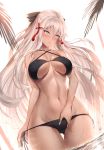  absurdres ahoge ass_visible_through_thighs bad_revision bangs bare_shoulders bikini black_bikini black_bow bow breasts cleavage collarbone dark_skin downscaled_revision eyebrows_visible_through_hair fate/grand_order fate_(series) fingernails hair_between_eyes hair_bow hair_ornament half_updo halter_top halterneck highres large_breasts limeblock long_hair looking_at_viewer md5_mismatch navel okita_souji_(alter)_(fate) okita_souji_(fate)_(all) parted_lips side-tie_bikini skindentation solo standing string_bikini swimsuit tassel very_long_hair wading water wet white_hair yellow_eyes 