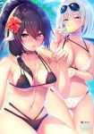  azur_lane bangs bikini black_bikini black_hair blue_eyes blue_sky blush breasts cameltoe cleavage cloud collarbone commentary_request covered_nipples cross cross_earrings day earrings eyebrows_visible_through_hair eyewear_on_head flower food hair_between_eyes hair_flower hair_ornament holding holding_food horns jewelry large_breasts long_hair looking_at_viewer medium_breasts mikasa_(azur_lane) navel noukatu outdoors palm_leaf ponytail popsicle short_hair sidelocks silver_hair sitting skindentation sky smile stomach sunglasses swimsuit thighs tirpitz_(azur_lane) tongue tongue_out white_bikini 