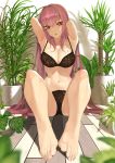  armpits arms_up barefoot black_bra black_panties bra breasts cleavage commentary eyebrows_visible_through_hair fate/grand_order fate_(series) feet foreshortening highres indoors large_breasts long_hair looking_at_viewer navel panties parted_lips plant purple_hair red_eyes scathach_(fate)_(all) scathach_(fate/grand_order) sidelocks sitting solo throtem toes underwear underwear_only very_long_hair 