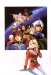  1980s_(style) 3boys 3girls amuro_ray belt bindi blonde_hair bright_noa brown_hair char's_counterattack char_aznable combat_helmet dark_skin dual_persona earth_(planet) earth_federation epaulettes eye_mask gundam haro helmet highres indian lalah_sune looking_at_viewer magazine_scan mecha_pilot_suit mikimoto_haruhiko military_uniform mirai_yashima mobile_suit_gundam multiple_boys multiple_girls neo_zeon non-humanoid_robot official_art pantyhose pet planet promotional_art retro_artstyle robot salute sayla_mass scan science_fiction signature sitting traditional_media zeon 