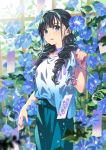  bangs bf._(sogogiching) black_eyes blue_flower blue_skirt braid choker commentary_request earrings floral_print flower hair_over_shoulder holding jewelry long_hair long_skirt looking_at_viewer morning_glory original outdoors parted_lips purple_ribbon ribbon ribbon_choker shirt short_sleeves skirt smile solo twin_braids water_drop white_shirt wind_chime 