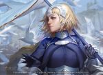  2018 armor artstation_username bird blonde_hair blue_eyes braid breasts chain dated dove fate/grand_order fate_(series) headpiece highres jeanne_d'arc_(fate) jeanne_d'arc_(fate)_(all) large_breasts long_braid long_hair nutthapon_petchthai parted_lips ruler signature single_braid solo standard_bearer teeth 