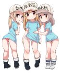  3girls ass bangs blunt_bangs boots brown_eyes brown_hair female full_body hat hataraku_saibou long_hair looking_at_viewer looking_back man0. multiple_girls no_pants panties pantyshot pantyshot_(standing) parted_lips platelet_(hataraku_saibou) shirt short_sleeves smile standing underwear white_panties 