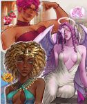  3girls angel_wings artist_name bare_shoulders bead_bracelet beads blonde_hair blue_dress blue_eyeshadow blurry blurry_background border bracelet breasts choker circlet clenched_hand closed_eyes closed_mouth collarbone colored_eyelashes colored_skin cookie_run cookie_run:_kingdom dark-skinned_female dark_skin demon_wings double_bun dress earrings english_commentary eternal_sugar_cookie eyelashes eyeliner eyeshadow feathered_wings gem gold_bracelet gold_necklace golden_cheese_cookie green_gemstone hair_bun halo hand_up head_wings heart-shaped_gem highres holding holding_sword holding_weapon hollyberry_cookie hoop_earrings humanization jewelry kryztly lips long_hair looking_at_viewer makeup medium_breasts multiple_girls muscular muscular_female necklace open_mouth orange_eyes orange_gemstone outside_border pendant pink_gemstone pink_skin polka_dot polka_dot_background purple_choker purple_dress purple_hair red_eyeliner red_eyes short_hair sidelocks signature sitting sleeveless sleeveless_dress smile sparkle strapless strapless_dress sword twintails upper_body v-shaped_eyebrows watermark wavy_hair weapon white_border white_dress window wings yellow_halo zoom_layer 