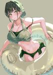  1girl absurdres backlighting bare_shoulders bikini breasts carskey1120 cleavage collarbone comiket_106 commentary cowboy_shot green_bikini green_hair grey_background hashtag-only_commentary highres holding holding_swim_ring innertube large_breasts layered_bikini leaning_forward link!_like!_love_live! looking_at_viewer love_live! momose_ginko momose_ginko_(c106_swimsuit) navel off-shoulder_bikini off_shoulder official_alternate_costume sideboob simple_background solo stomach swim_ring swimsuit virtual_youtuber white_bikini white_innertube 