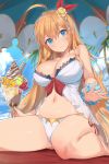  ahoge babydoll bare_legs bare_shoulders beach beach_towel beach_umbrella bikini blonde_hair blue_eyes blue_sky blurry blush breasts cleavage collarbone commentary_request day depth_of_field eyebrows_visible_through_hair flower food from_below hair_between_eyes hair_flower hair_ornament highres ice_cream large_breasts long_hair looking_at_viewer navel outdoors palm_tree pecorine princess_connect! princess_connect!_re:dive ribbon rose sand sitting sky smile solo sundae swimsuit thighs tiara towel tree umbrella very_long_hair wariza water white_bikini yaman yellow_flower yellow_rose 