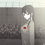  akagi_(kantai_collection) alternate_costume barbed_wire breast_pocket breasts bush buttons closed_mouth clothes_writing collared_shirt kantai_collection long_hair long_sleeves looking_at_viewer monochrome outdoors pocket prisoner red_eyes shirt signature smile solo spot_color upper_body wall zabuton_dorobou 