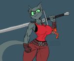  anthro armor belt biceps big_breasts blade bracers breasts cat claymore clothed clothing feline female fully_clothed gloves great_sword greatsword green_eyes green_irises hilt kocia_pierdocia lock long_sword longsword mammal muscular muscular_female notched_ear pants pommel shirt solo tank_top undershirt whiskers zer0frost 