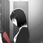  breast_pocket closed_mouth collared_shirt door from_side haguro_(kantai_collection) hair_ornament hairclip indoors jacket kantai_collection locker locker_room monochrome paper pocket shirt short_hair signature solo spot_color translated upper_body zabuton_dorobou 