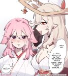  animal_ears bare_shoulders blush breasts closed_mouth dress floppy_ears fox_ears genshin_impact long_hair multiple_girls nonons open_mouth pink_hair purple_eyes simple_background white_background yae_miko 