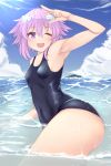 1girl armpits blush breasts choujigen_game_neptune covered_navel cowboy_shot d-pad d-pad_hair_ornament dura female hair_ornament hairclip looking_at_viewer neptune_(choujigen_game_neptune) neptune_(series) one-piece_swimsuit one_eye_closed open_mouth outdoors purple_eyes purple_hair short_hair short_hair_with_long_locks smile solo swimsuit 