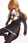  blue_eyes coat commentary_request eyepatch fate/grand_order fate_(series) hair_over_one_eye high_heels kfr light_brown_hair long_hair long_sleeves one_eye_covered open_mouth ophelia_phamrsolone pantyhose shadow sitting skirt sleeves_past_wrists solo white_background 