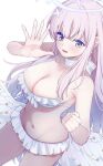  1girl angel_wings bikini blue_archive blush breasts cleavage collarbone feathered_wings frilled_bikini frilled_bikini_bottom frilled_bikini_top frills halo large_breasts long_hair looking_at_viewer low_wings mbsi_perfect mika_(blue_archive) mika_(swimsuit)_(blue_archive) multicolored_eyes navel official_alternate_costume official_alternate_hairstyle open_mouth pink_hair pink_halo purple_eyes simple_background smile solo stomach swimsuit two-tone_eyes very_long_hair white_background white_wings wing_ornament wings 