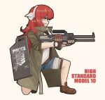  1girl black_necktie blue_shorts brown_shoes character_name coat collared_shirt commentary fingerless_gloves full_body girls'_frontline gloves green_coat grey_background gun high_standard_model_10 holding holding_gun holding_weapon hsm10_(girls'_frontline) ln4649 loafers long_hair lower_teeth_only mole mole_under_eye necktie on_one_knee open_mouth red_hair shield_module shirt shoes shorts shotgun simple_background solo teeth weapon white_shirt 