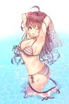  ;d ahoge aile_(crossroads) armpits arms_up ass bangs bikini bikini_skirt blue_eyes blush breasts brown_hair cleavage day flower hair_flower hair_ornament hibiscus ichinose_shiki idolmaster idolmaster_cinderella_girls jewelry large_breasts long_hair looking_at_viewer necklace ocean one_eye_closed open_mouth outdoors red_flower side-tie_bikini skirt skirt_pull smile solo striped striped_bikini swimsuit wading water wavy_hair 