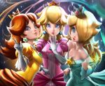  3girls big_hair blonde_hair blue_eyes breasts brown_hair cleavage crown dress earrings elbow_gloves gloves jewelry lips long_hair looking_at_viewer mario_(series) medium_breasts multiple_girls princess_daisy princess_peach puffy_sleeves rosetta_(mario) smile 