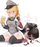  1boy 1girl :t alcohol beer giantess gloves hat kantai_collection military military_uniform nekosu_(nfxgs227) prinz_eugen_(kantai_collection) simple_background size_difference thighhighs uniform vore white_background 