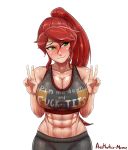  1girl abs absurdres aestheticc-meme bare_shoulders blush breasts cleavage crop_top embarrassed green_eyes highres invitation large_breasts looking_away midriff muscle muscular_female navel nervous nervous_smile ponytail pose pyrrha_nikos rwby shorts smile solo stomach toned v wavy_mouth 