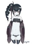  ancient_destroyer_oni black_gloves black_hair black_legwear breasts closed_mouth drill_hair elbow_gloves flat_chest gloves glowing glowing_eyes goekawa kantai_collection navel purple_eyes shinkaisei-kan side_ponytail simple_background solo stomach thighhighs white_background white_skin 