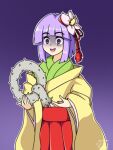  1girl false_smile flower forbidden_scrollery green_kimono hair_flower hair_ornament hakama hakama_skirt hieda_no_akyuu japanese_clothes kimono long_sleeves neferkitty open_mouth purple_eyes purple_hair skirt smile spongebob_squarepants_(series) thorns touhou yellow_kimono 