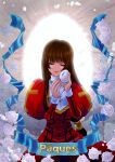  blue_ribbon brown_hair closed_eyes collar cross dress egg erica_fontaine feather_print flower hands_up highres holding holding_egg juliet_sleeves kannah latin_cross long_hair long_sleeves low-tied_long_hair nuzzle puffy_sleeves red_dress ribbon sakura_taisen sakura_taisen_iii sidelocks smile white_collar white_flower 