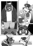  2017 ? anthro backwards_baseball_cap baseball_cap blush boar canine chacal_(character) clothed clothing comic drunk duo ear_piercing english_text eye_contact facial_hair footwear gabshiba goatee greyscale hat hoodie jackal male mammal monochrome mustache nervous pants piercing porcine shirt shoes speech_bubble standing sweat tank_top text tusks 