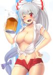  ;d alcohol areola_slip areolae bangs beer beer_mug blush bow breasts collarbone cowboy_shot eyebrows_visible_through_hair fujiwara_no_mokou hair_bow hair_ribbon hand_on_hip high_ponytail highres hitotsuki_nebura holding large_breasts long_hair looking_at_viewer low-tied_long_hair midriff multi-tied_hair navel one_eye_closed open_fly open_mouth red_eyes red_shorts ribbon shirt short_shorts short_sleeves shorts silver_hair smile solo standing teeth torn_clothes torn_sleeves touhou very_long_hair white_bow white_shirt 