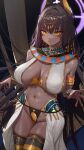  1girl absurdres alternate_costume ancient_egyptian ancient_egyptian_clothes animal_ears ankh bare_shoulders black_hair blue_archive blush bracelet breasts cat_ears closed_mouth cowboy_shot dark-skinned_female dark_skin eye_of_horus gold_bracelet hieroglyphics highres if_you_want_to_become_a_godly_artist_(trend) jackal_ears jewelry karin_(blue_archive) large_breasts long_hair looking_at_viewer navel onbawa revealing_clothes solo standing stomach thighhighs usekh_collar very_long_hair yellow_eyes 