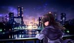 black_hair blue_eyes blush bridge city cityscape commentary_request from_behind highres idolmaster idolmaster_cinderella_girls light_smile long_hair looking_at_viewer looking_back night night_sky parted_lips railing reflection sagisawa_fumika sky solo star_(sky) starry_sky tdnd-96 water 