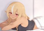  1girl alternate_costume black_tank_top blonde_hair blush commentary_request dark-skinned_female dark_elf dark_skin elf hololive long_hair looking_at_viewer lying multicolored_hair on_stomach open_mouth pointy_ears red_eyes sen_(sen42724788) shiranui_flare smile solo tank_top two-tone_hair upper_body virtual_youtuber white_hair 