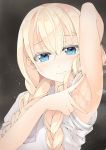  arm_up armpits asobi_asobase bangs blonde_hair blue_eyes blush braid closed_mouth commentary_request eyebrows_visible_through_hair hair_between_eyes hand_up looking_at_viewer low_twintails nose_blush olivia_(asobi_asobase) puffy_short_sleeves puffy_sleeves sasakura shirt short_sleeves solo spread_armpit sweat twin_braids twintails white_shirt 
