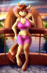  2018 5_fingers absurd_res anthro bat_pony bat_wings bedroom_eyes blue_eyes bra breasts bridge brown_hair chest_tuft clothed clothing cloud cutie_mark detailed_background equine eyebrows eyelashes eyeshadow fan_character fangs female fully_clothed fur grin hair half-closed_eyes hi_res hooves inner_ear_fluff looking_at_viewer makeup mammal mascara membranous_wings midriff my_little_pony navel outside pose railing river seductive shadow short_hair shorts signature sky slit_pupils smile solo sparklyon3 sports_bra standing sunset teeth tuft underwear water wings 