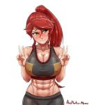  1girl abs absurdres aestheticc-meme bare_shoulders blush breasts cleavage crop_top embarrassed green_eyes highres large_breasts looking_away midriff muscle muscular_female navel nervous nervous_smile ponytail pose pyrrha_nikos rwby shorts smile solo stomach toned v wavy_mouth 