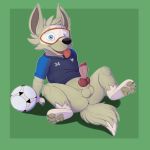  animal_genitalia animal_penis anus ball balls black_nose blue_eyes bottomless canine canine_penis clothed clothing erection eyewear fifa goggles green_background looking_at_viewer male mammal mascot mcfan penis simple_background soccer_ball solo tongue tongue_out wolf zabivaka 