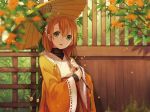  asahikawa_hiyori flowers green_eyes japanese_clothes leaves orange_hair original shade short_hair umbrella waifu2x 