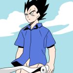  black_eyes black_hair blue_shirt cloud cloudy_sky cowboy_shot day dragon_ball dragon_ball_z frown kanekiyo_miwa looking_away lowres male_focus open_mouth outdoors pants serious shirt short_hair sky solo spiked_hair toilet_paper upper_body vegeta wind 