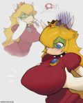  &lt;3 alternate_species big_breasts blonde_hair blue_eyes blush breast_expansion breasts closed_smile clothing crown curved_horn dress eating eyes_closed female hair huge_breasts koopa mario_bros multiple_scenes mushroom nensuhouso nintendo nipple_bulge princess_koopa princess_peach red_dress scalie solo video_games 